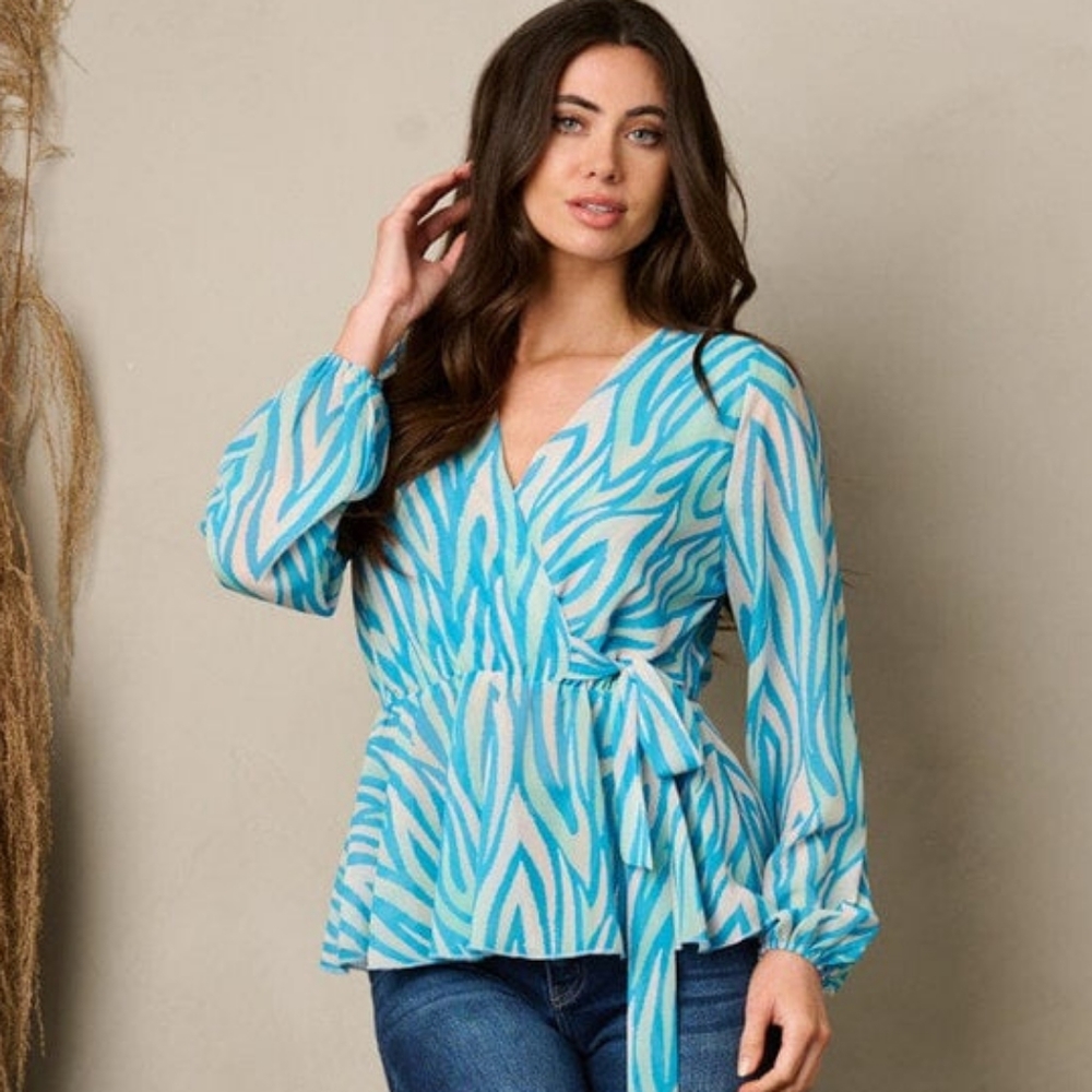 Blue Zebra Print Surplice Top With Waist Tie